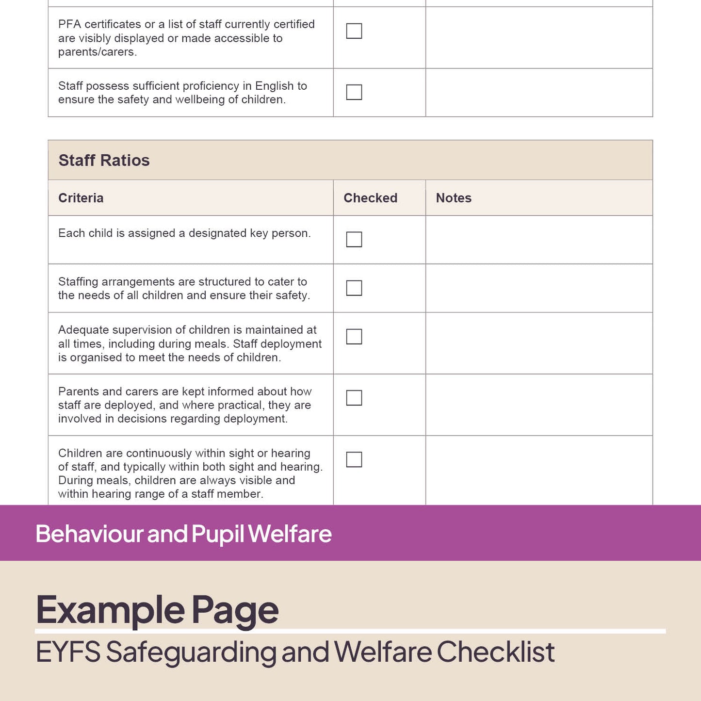 EYFS Safeguarding and Welfare Checklist