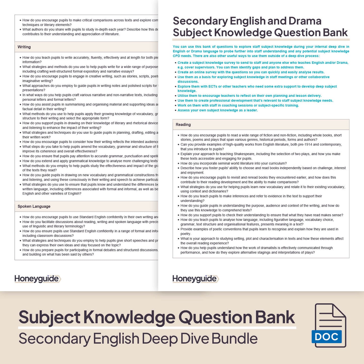 Secondary English Deep Dive and Subject Knowledge Bundle by Honeyguide School Leader Support