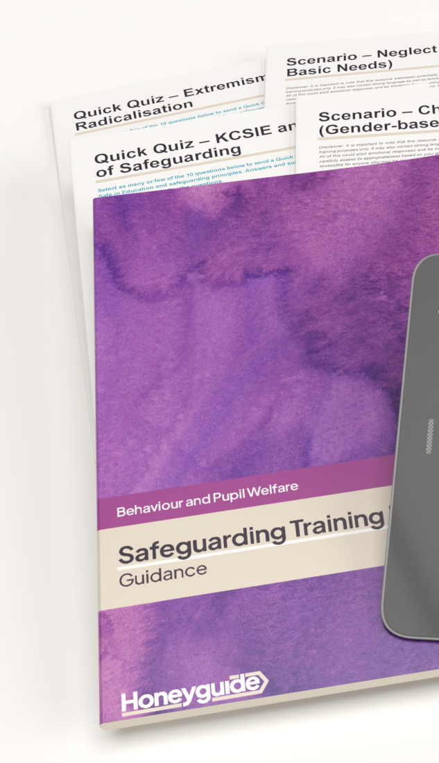 A tablet device displaying a training session cover titled 'Child Exploitation Staff Training Session' with Honeyguide branding, placed over several printed training manuals and guides on a clean white background.