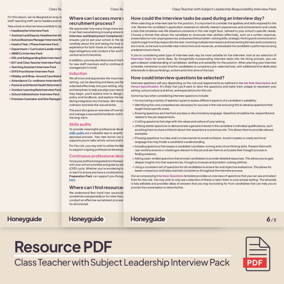 Class Teacher with Subject Leadership Interview Pack