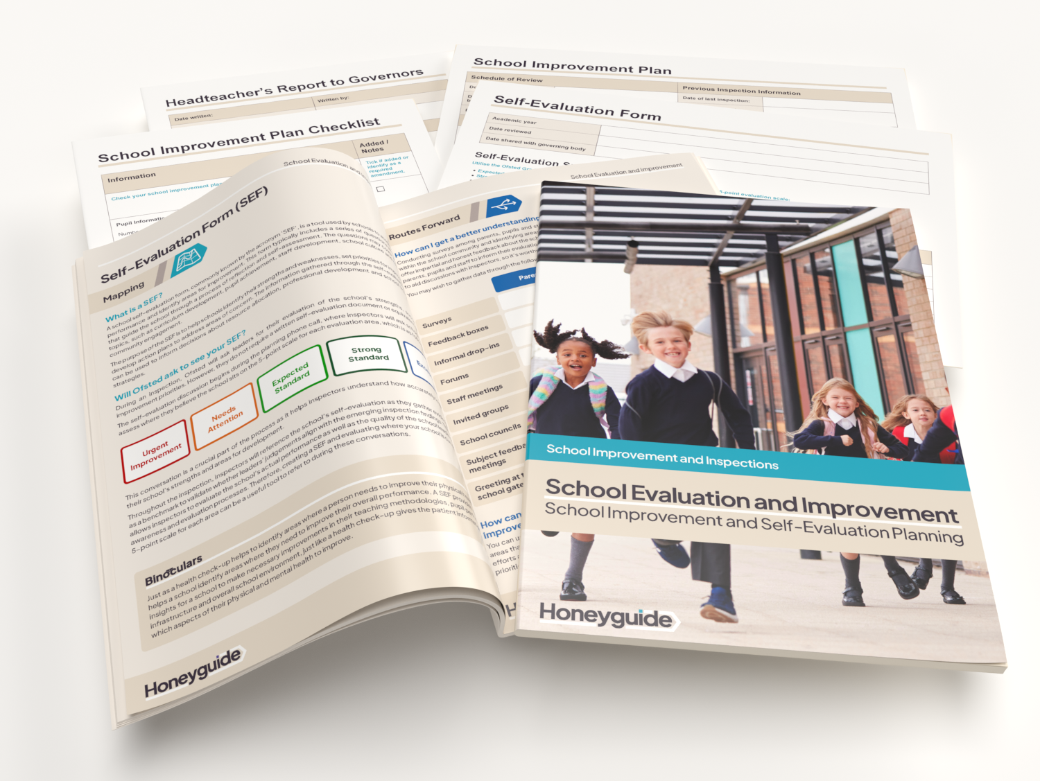 Open book on school improvement plan with Honeyguide branding